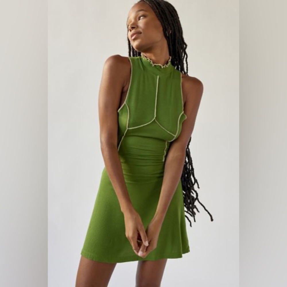 NEW Urban Outfitters Deja Ribbed Seam Mini Dress Green